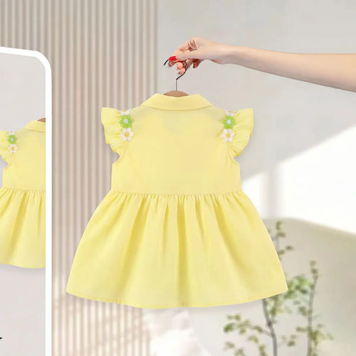 Girls Yellow Fit Flare Dress With Bow & Floral Lace Details Casual Dresses
