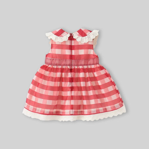 Girls Red Checked Cherry Applique Sleeveless Fit & Flare Dress Casual Dresses
