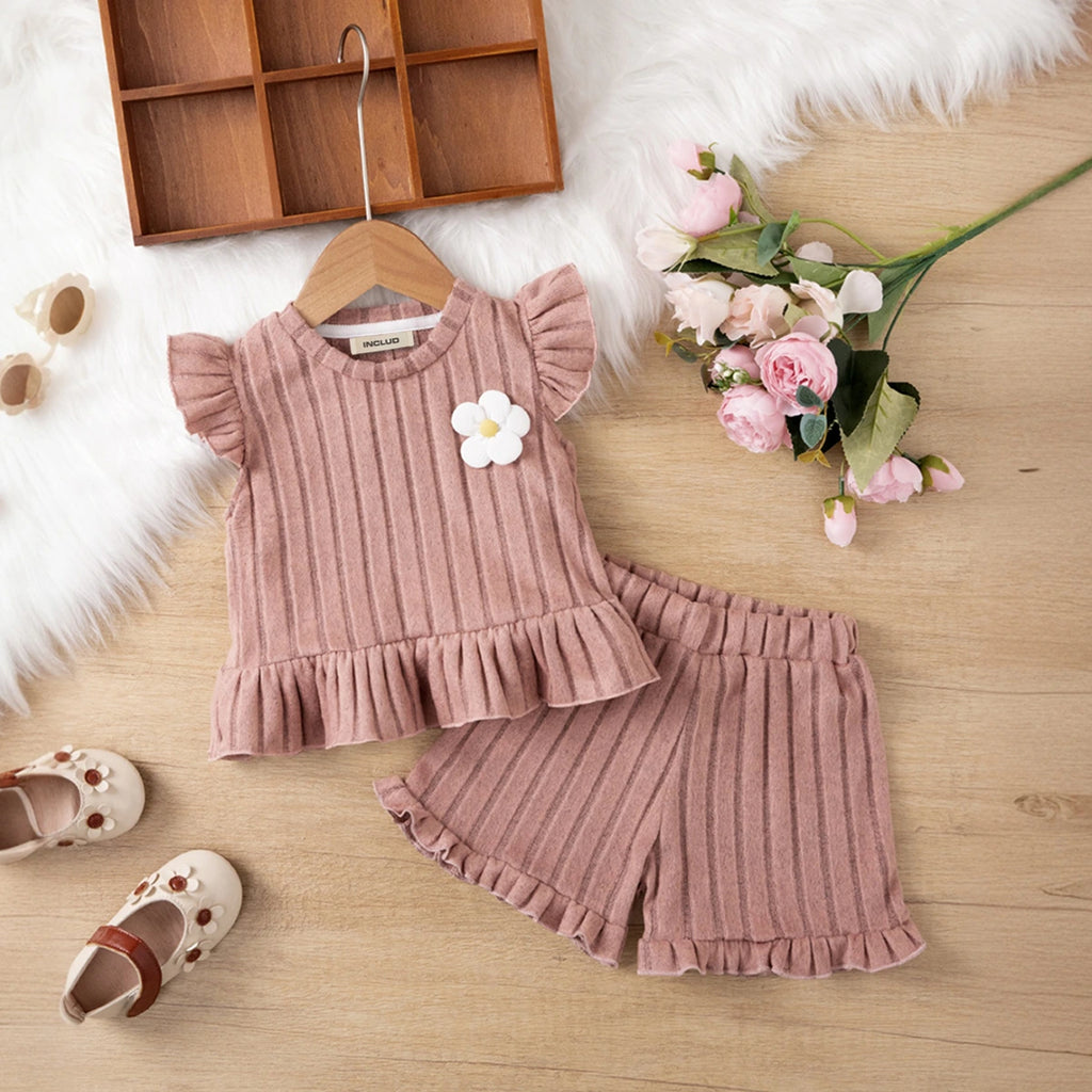 Girls Pink Self Stripes Top With & Shorts With Ruffle Details Co-ord Sets Sets Pink 1-2 Y