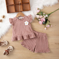 Girls Pink Self Stripes Top With & Shorts With Ruffle Details Co-ord Sets Sets Pink 1-2 Y