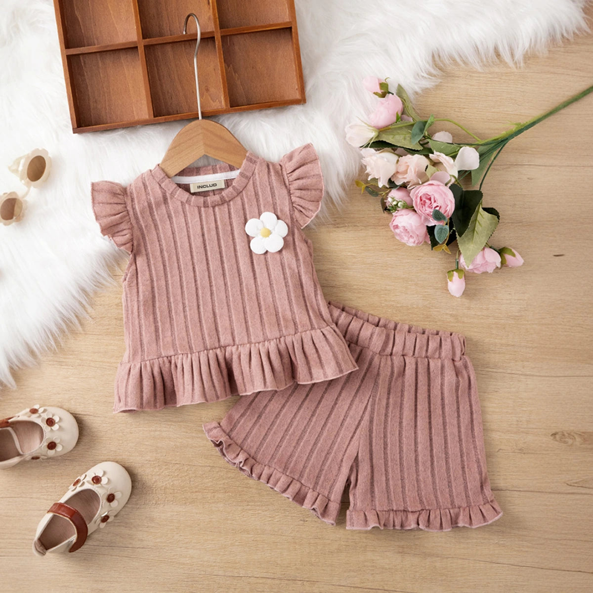 Girls Pink Self Stripes Top With & Shorts With Ruffle Details Co-ord Sets Sets Pink 1-2 Y