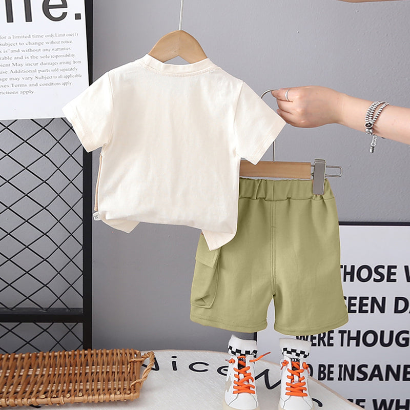 Boys Green Short Sleeves Attached Waistcoat T-Shirt With Shorts Set 2 pc. Sets