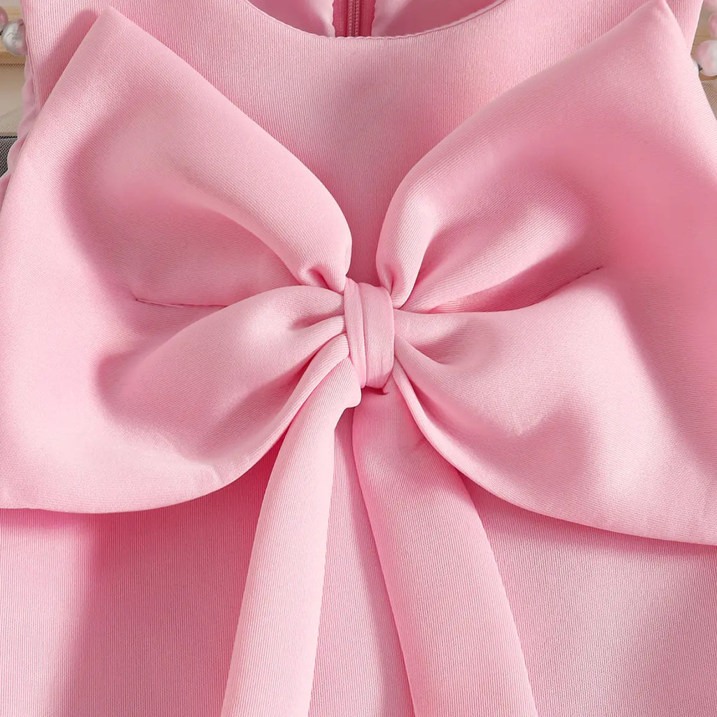 Girls Pink Sleeveless Large Bow Applique A-line Party Wear Dress Party Dresses