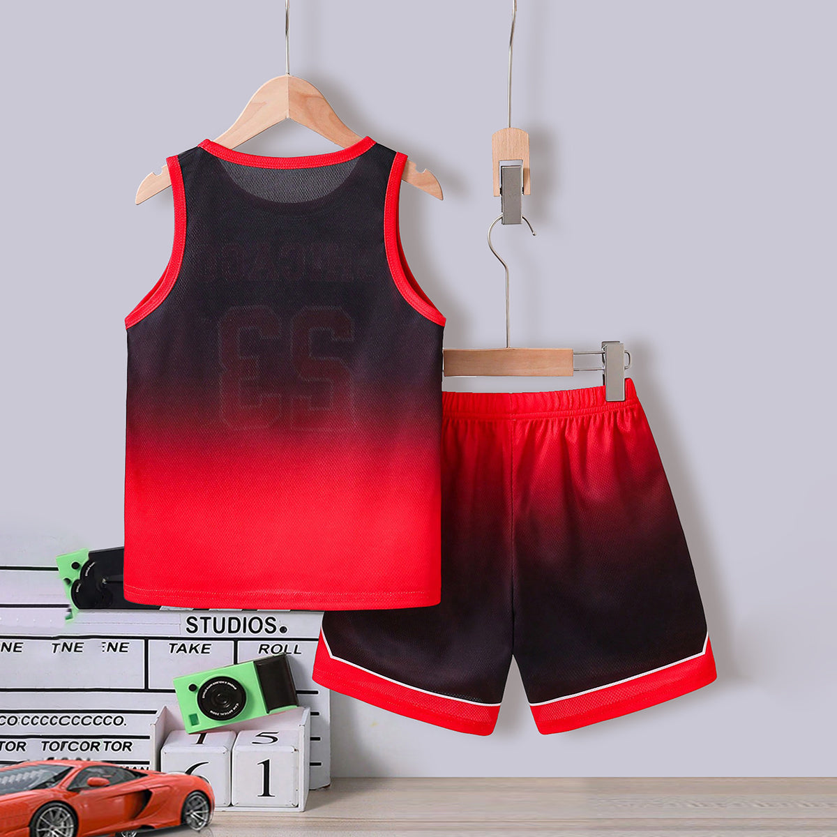 Boys Red Alphanumeric Printed Sleeveless T-Shirt With Shorts Set 2 pc. Sets