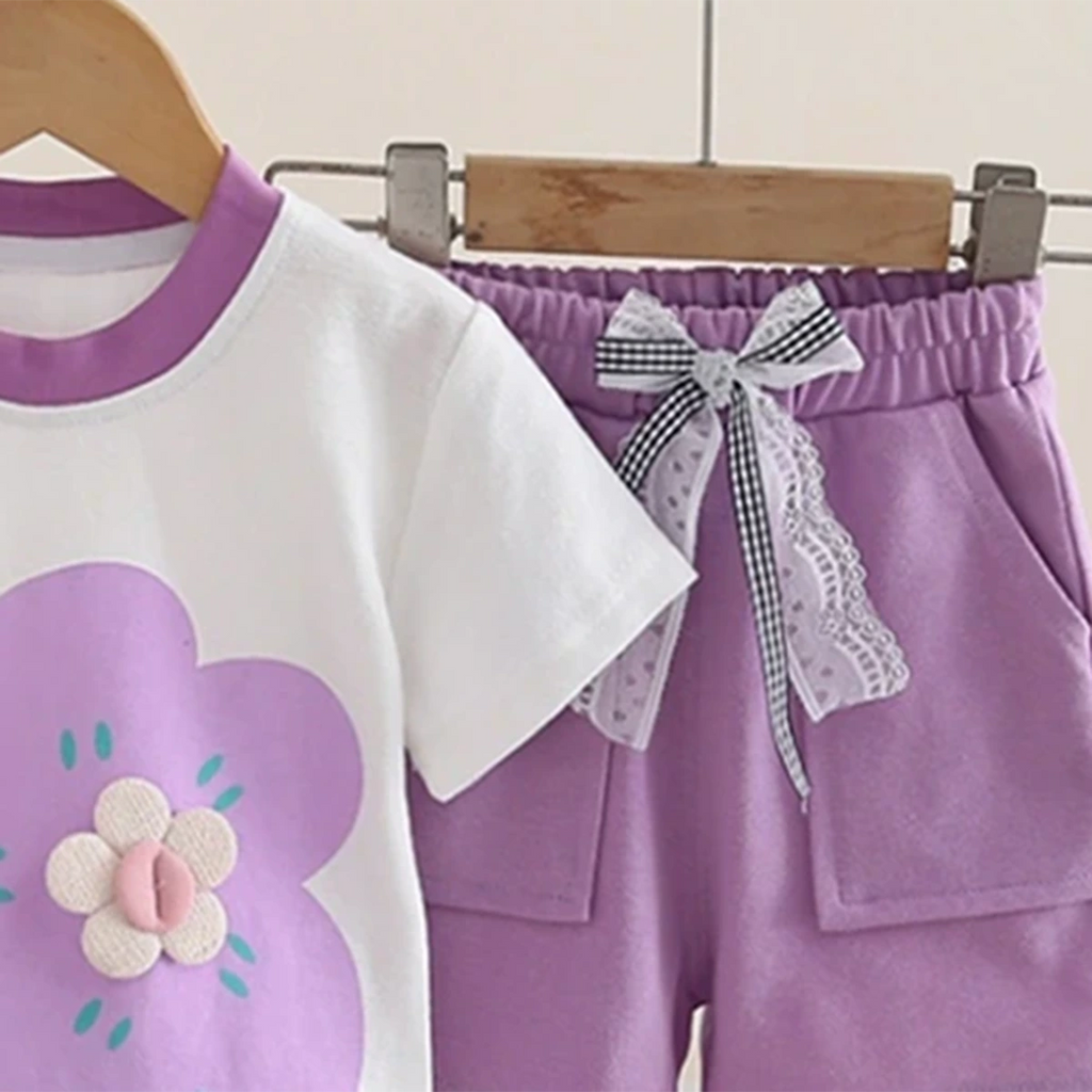 Girls Purple Flower Print Short Sleeves T-Shirt With Shorts Set Sets