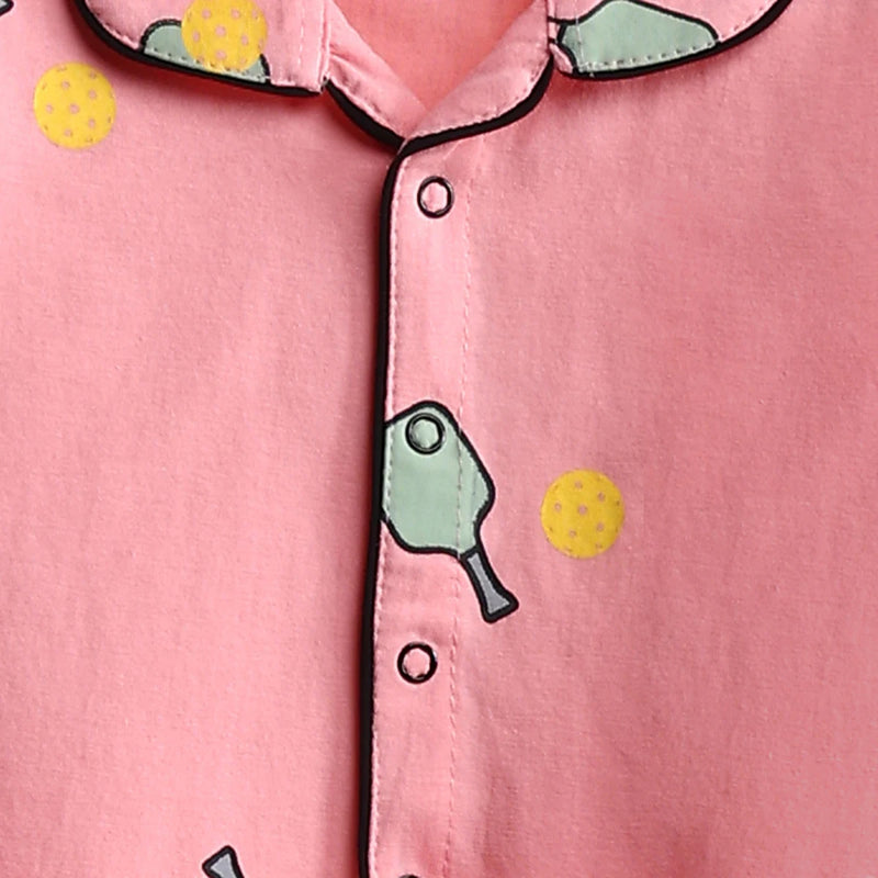 Girls Pink Printed Short Sleeve Shirt With Printed Pyjama Sets Sets