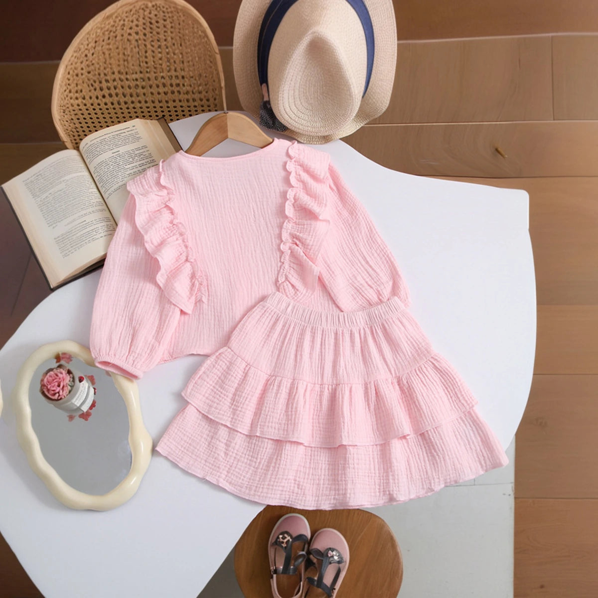 Girls Pink Textured Ruffled Top with Tiered Skirt Sets 2 pc. Sets