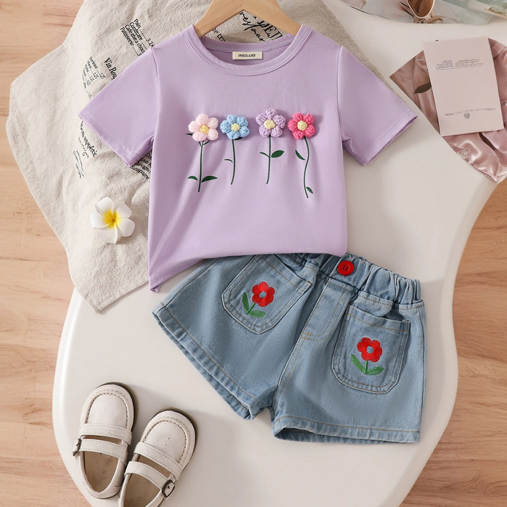 Girls Purple Flowers Applique T-Shirt With Embroidered Denim Shorts Set Sets Purple 2-3 Y