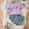 Girls Purple Flowers Applique T-Shirt With Embroidered Denim Shorts Set Sets Purple 2-3 Y