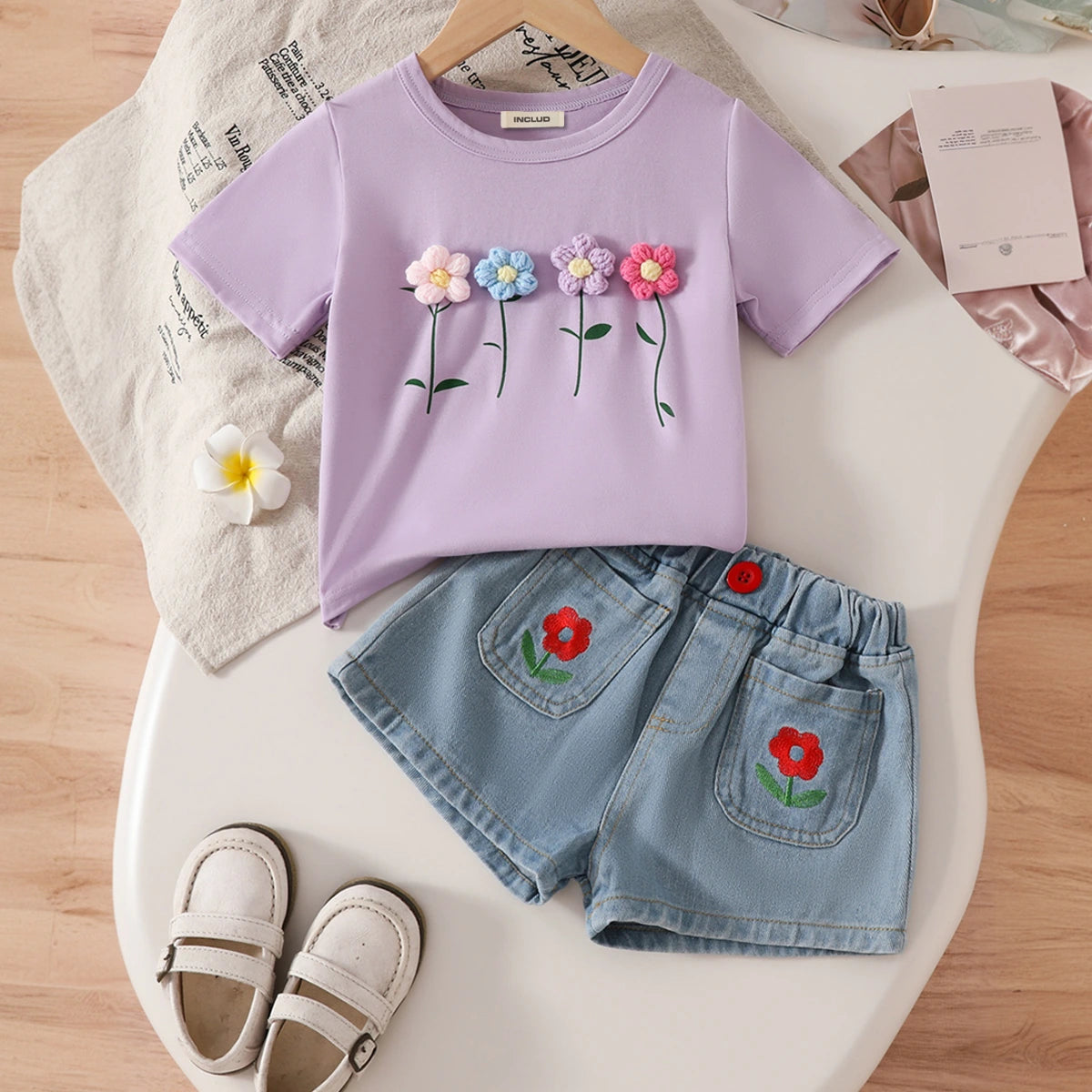 Girls Purple Flowers Applique T-Shirt With Embroidered Denim Shorts Set Sets Purple 2-3 Y