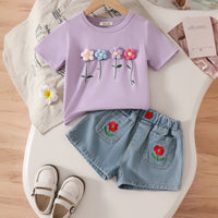 Girls Purple Flowers Applique T-Shirt With Embroidered Denim Shorts Set Sets Purple 2-3 Y