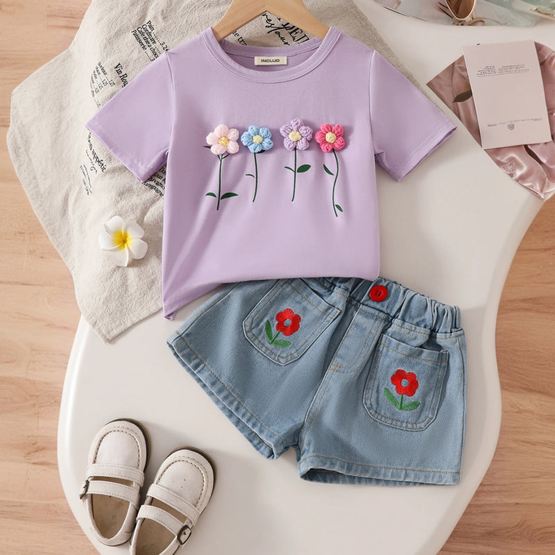 Girls Purple Flowers Applique T-Shirt With Embroidered Denim Shorts Set Sets Purple 2-3 Y