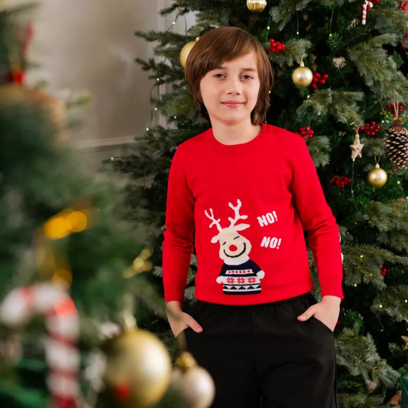 Girls Red Sweater With Self-Design Reindeer Patterns Sweaters & Cardigans