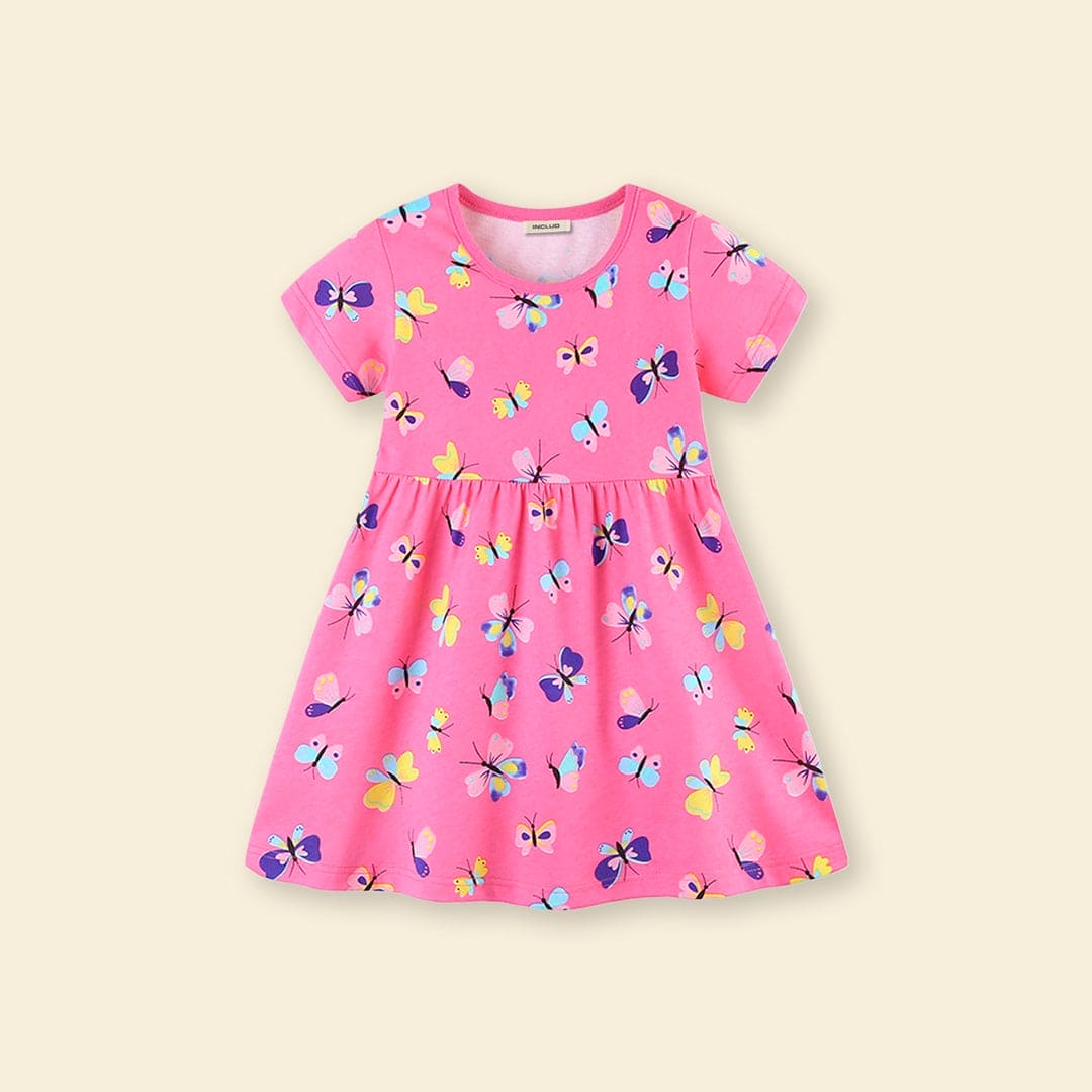 Girls Butterfly Print Casual Short Sleeve Dress Casual Dresses   