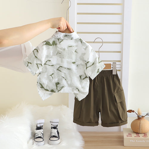 Boys Green Abstract Printed Short Sleeves Shirt With T-Shirt And Cargo Shorts Set Sets