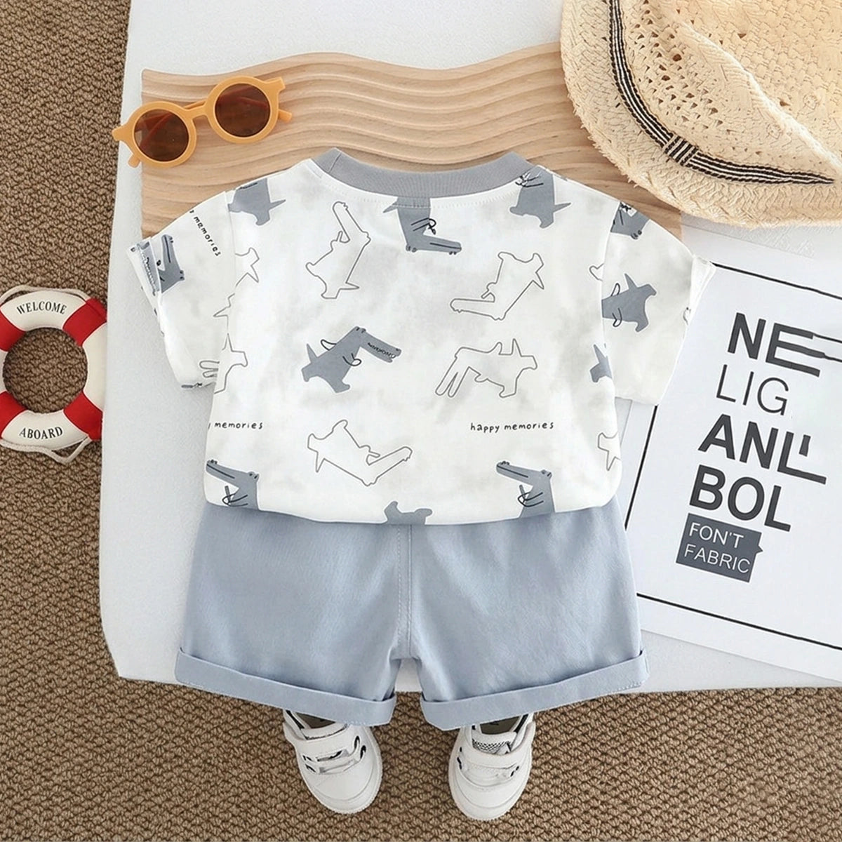 Boys Light Grey Crocodile Printed Short Sleeve T-Shirt With Elasticated Shorts Sets 2 pc. Sets