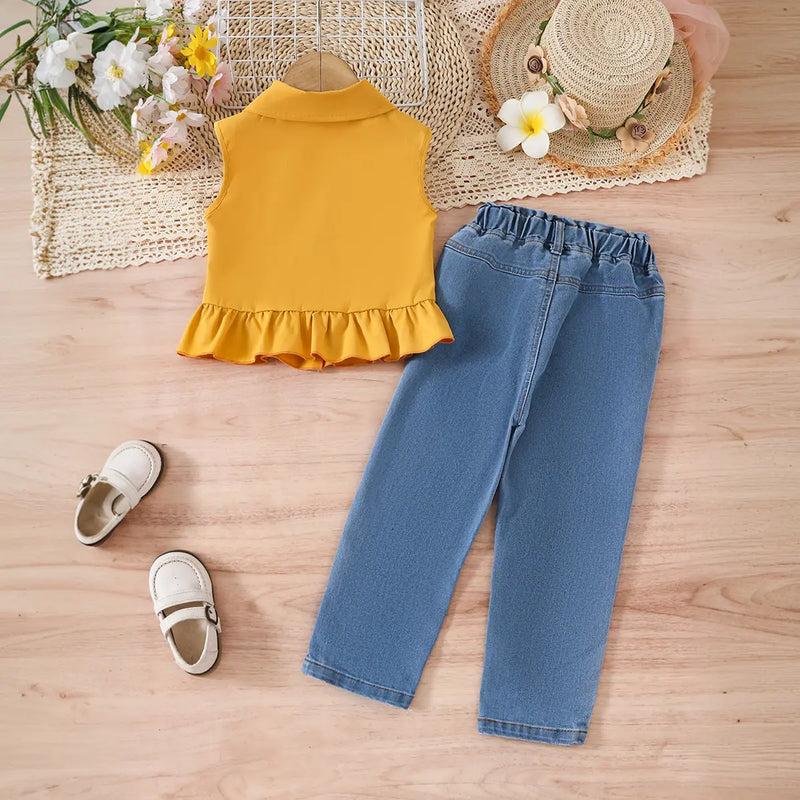 Girls Yellow Sleeveless Ruffled Top With Embroidered Denim Pants Set Sets