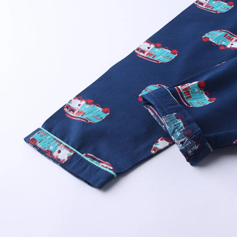 Girls Navy Blue Car Printed Short Sleeve Shirt With Printed Pyjama Sets Sets
