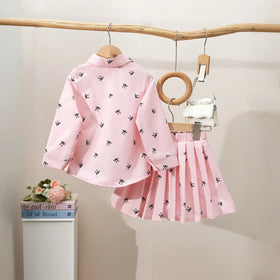 Girls Pink Bow Printed Shirt With Cami Top & Skirt Sets Sets