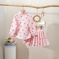 Girls Pink Bow Printed Shirt With Cami Top & Skirt Sets Sets