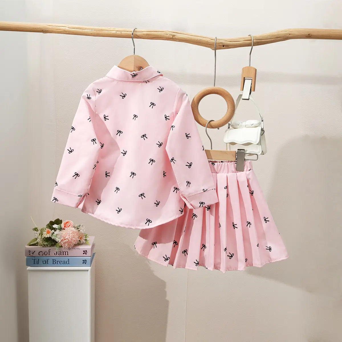 Girls Pink Bow Printed Shirt With Cami Top & Skirt Sets Sets