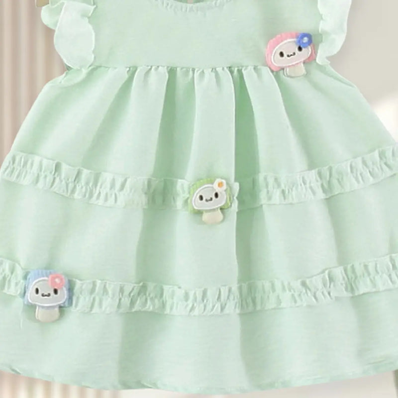 Girls Light Green Mushroom Applique Round Neck Tiered Dress Casual Dresses