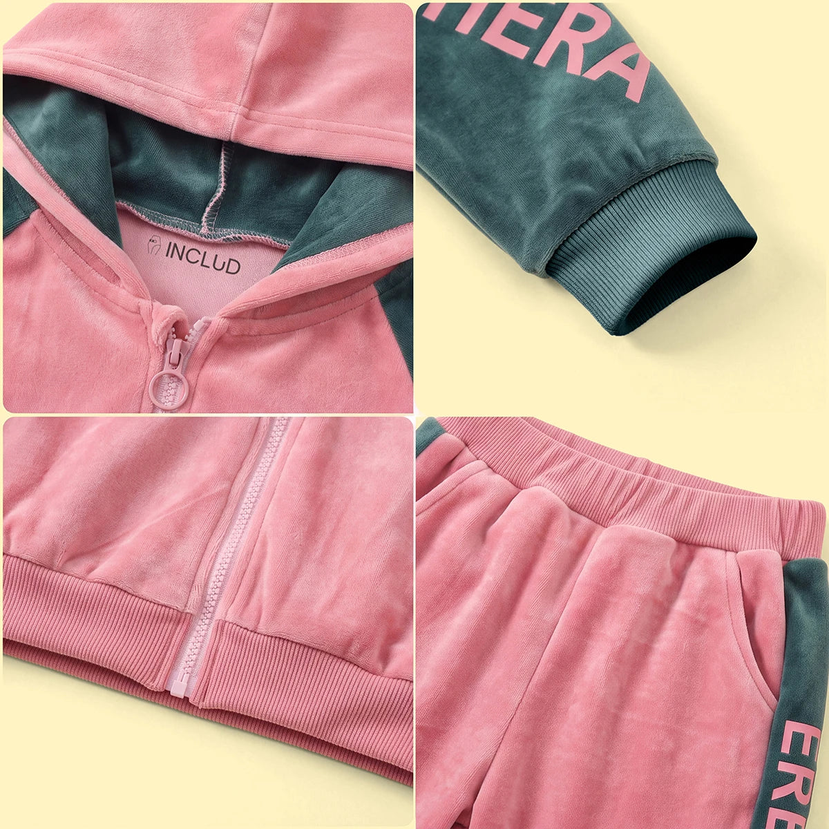 Girls Pink Typographic Printed Hooded Zipper Jacket With Jogger Sets Sets