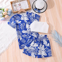 Girls Tropical Print Shirt With Camisole Top & Shorts Set 3 pc. Sets Blue 7-8 Y 