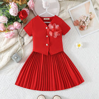 Girls Red Flower Applique Short Sleeves Top With Pleated Skirts Co-ord Sets Sets