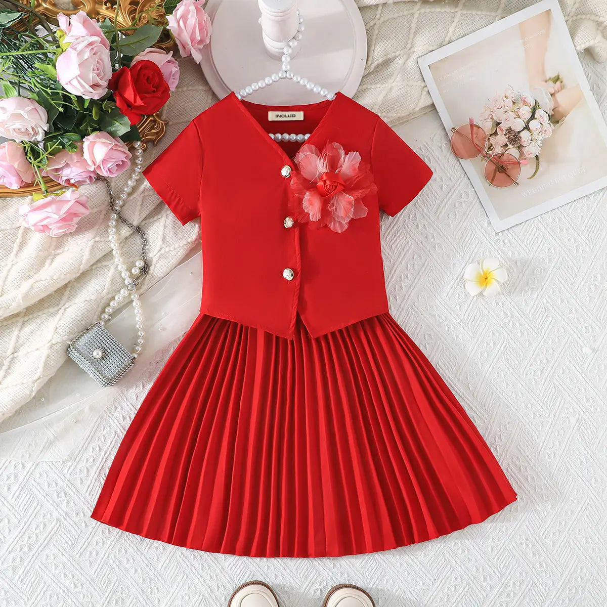 Girls Red Flower Applique Short Sleeves Top With Pleated Skirts Co-ord Sets Sets