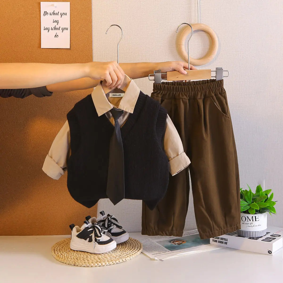 Boys Black Sweater Vest & Neck-Tie With Shirt & Pant Sets Sets Black 1-2 Y