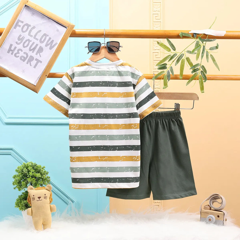 Boys Olive Stripes And Lion Embroidered T-Shirt With Short Sets 2 pc. Sets