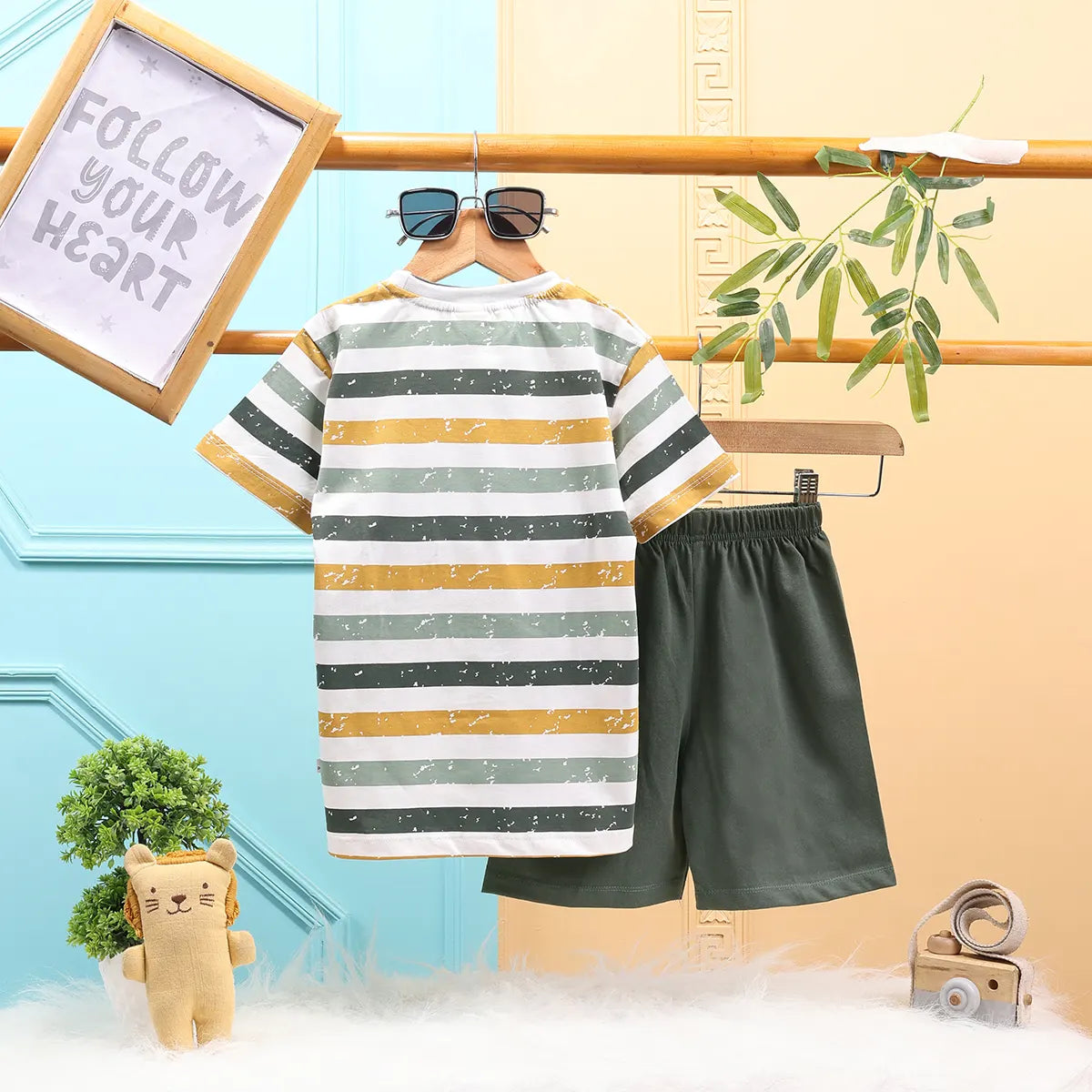 Boys Olive Stripes And Lion Embroidered T-Shirt With Short Sets 2 pc. Sets