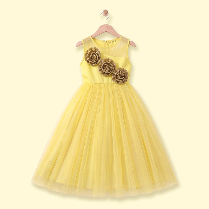 Girls Yellow Floral Applique Sleeveless Party Gown Party Dresses Yellow 1-2 Y