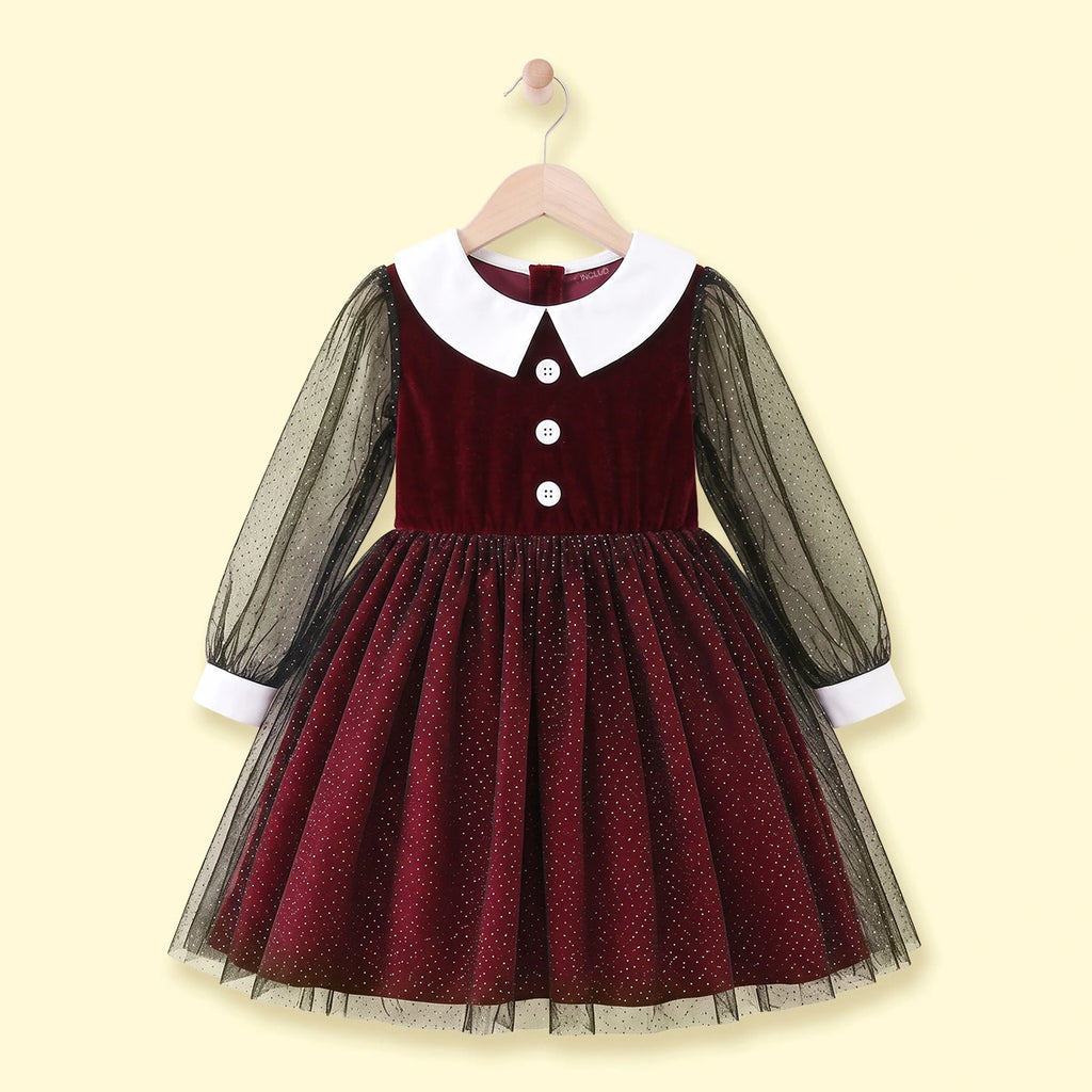 Girls Maroon Glitter Print Long Sleeve Fit & Flare Dress Casual Dresses Maroon 3-4 Y