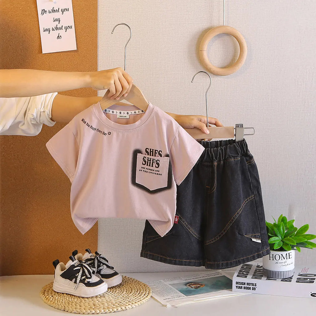 Boys Dark Pink Typographic Printed T-Shirt With Denim Shorts Sets Sets Dark Pink 1-2 Y