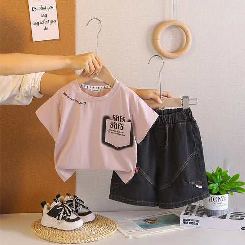 Boys Dark Pink Typographic Printed T-Shirt With Denim Shorts Sets Sets Dark Pink 1-2 Y
