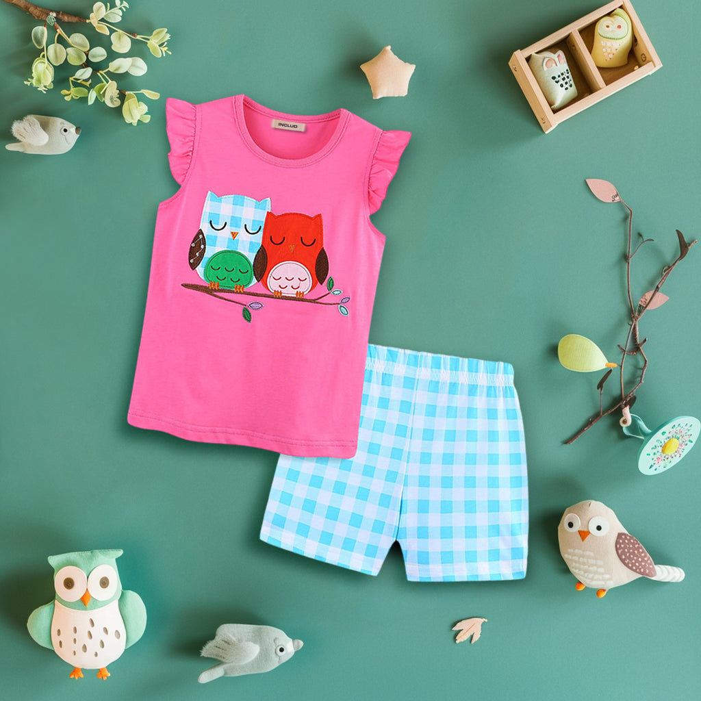 Girls Owl Patchwork Top with Checkered Shorts Set