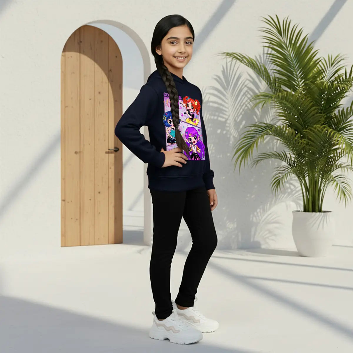 Girls Navy Blue K-Pop Gorgeous-Girl Graphics Hoodie Sweatshirts & Hoodies