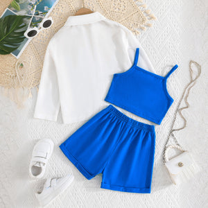 Girls Long Sleeves Shirt With Blue Camisole Top And Shorts Set 3 pc. Sets