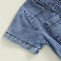 Girls Blue Denim Button Front Short Sleeve Romper With Bow Detail Playsuits