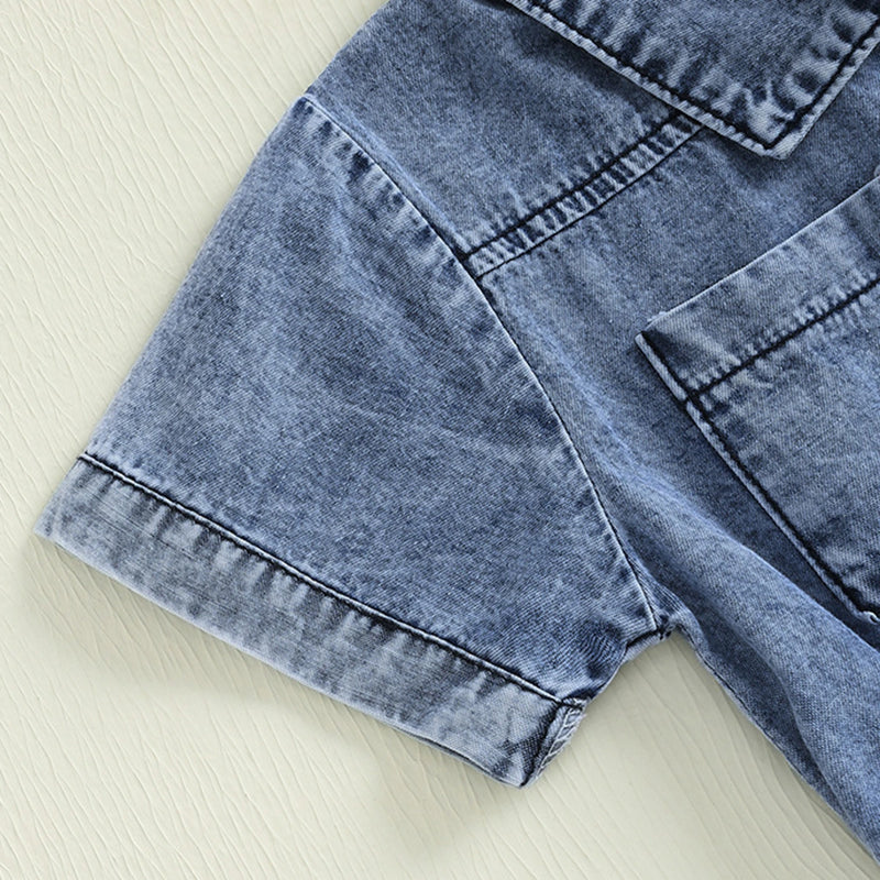 Girls Blue Denim Button Front Short Sleeve Romper With Bow Detail Playsuits