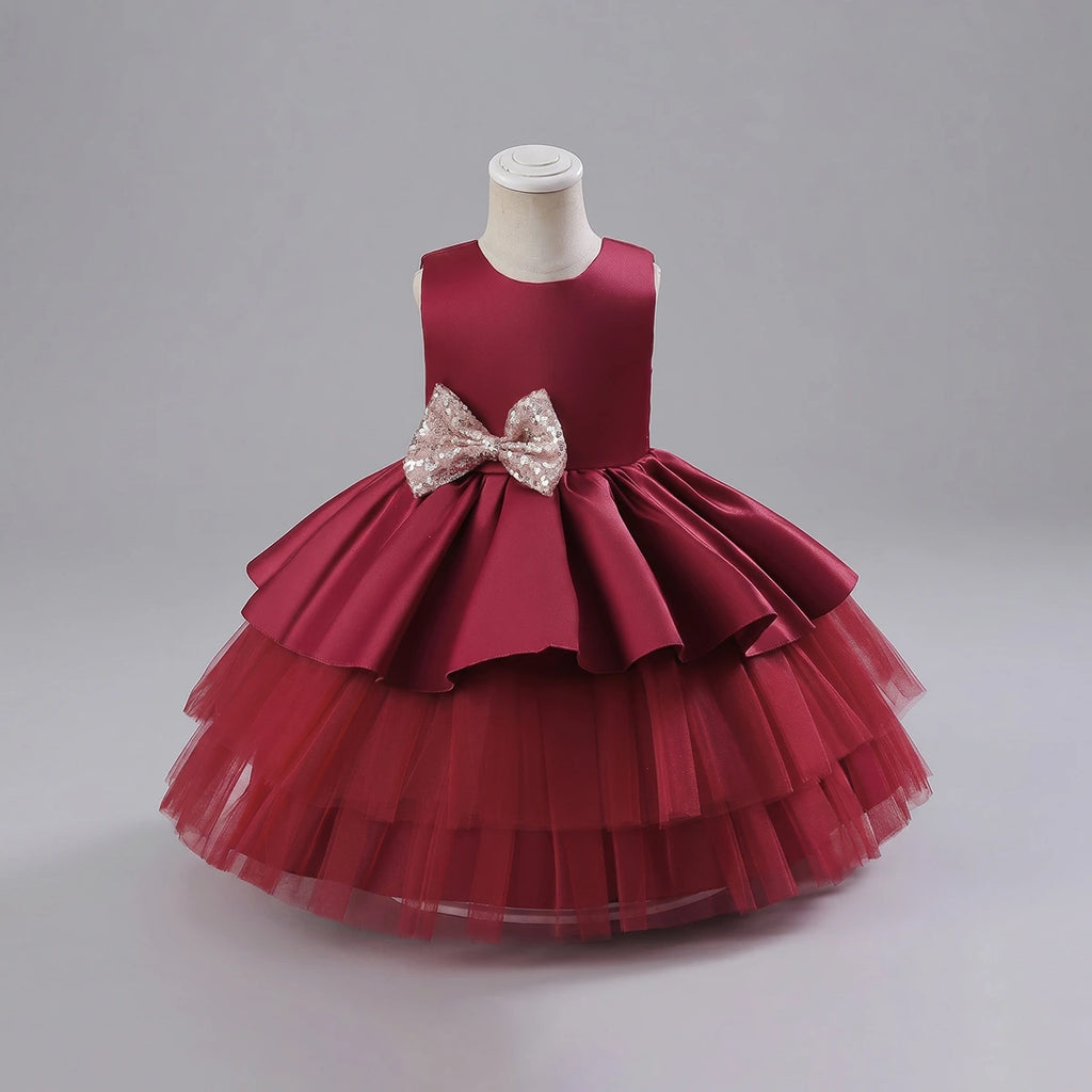 Girls Maroon Flared Party Wear Dress With Sequin Bow Party Dresses Maroon 1-2 Y
