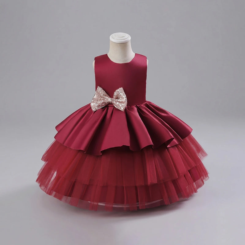 Girls Maroon Flared Party Wear Dress With Sequin Bow Party Dresses Maroon 1-2 Y