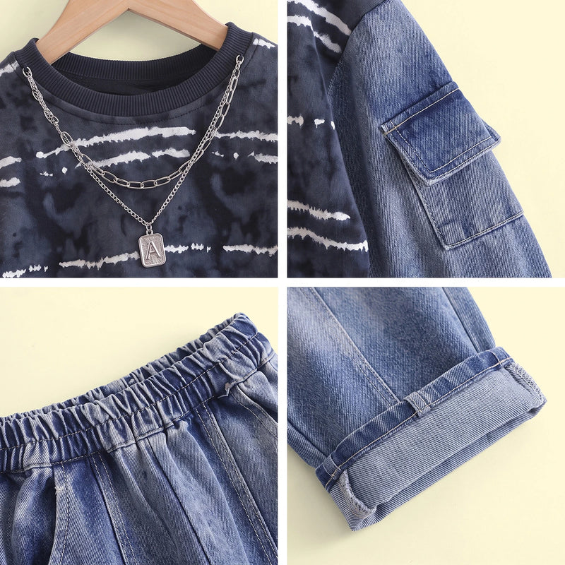 Boys Navy Blue Striped Sweatshirt With Denim Pants Sets 2 pc. Sets