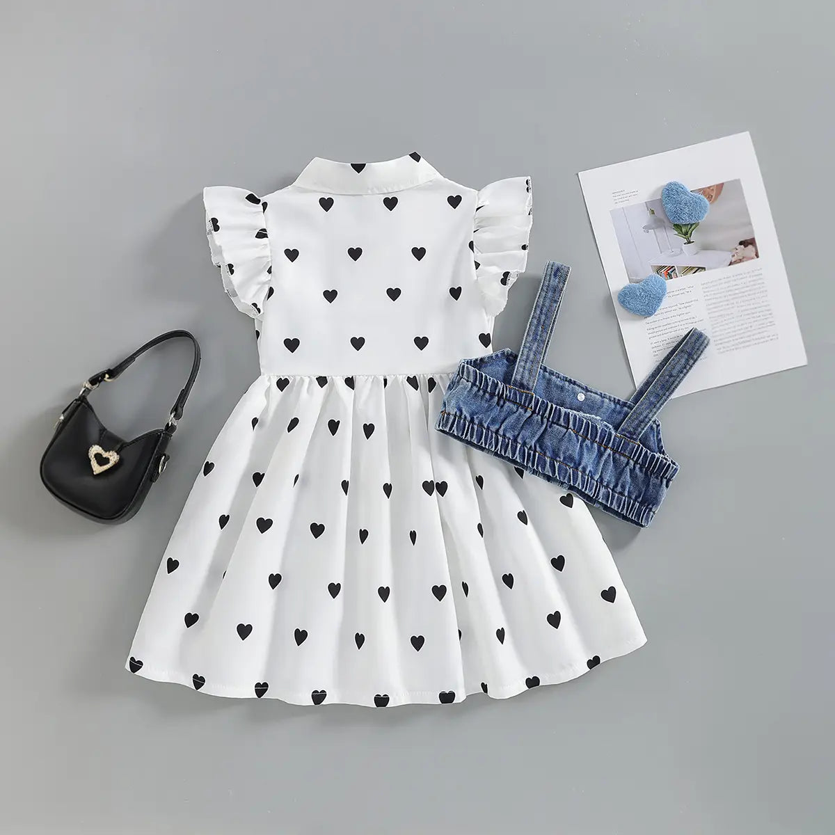 Girls White Heart Printed Shirt Dress With Denim Sleeveless Vest Casual Dresses