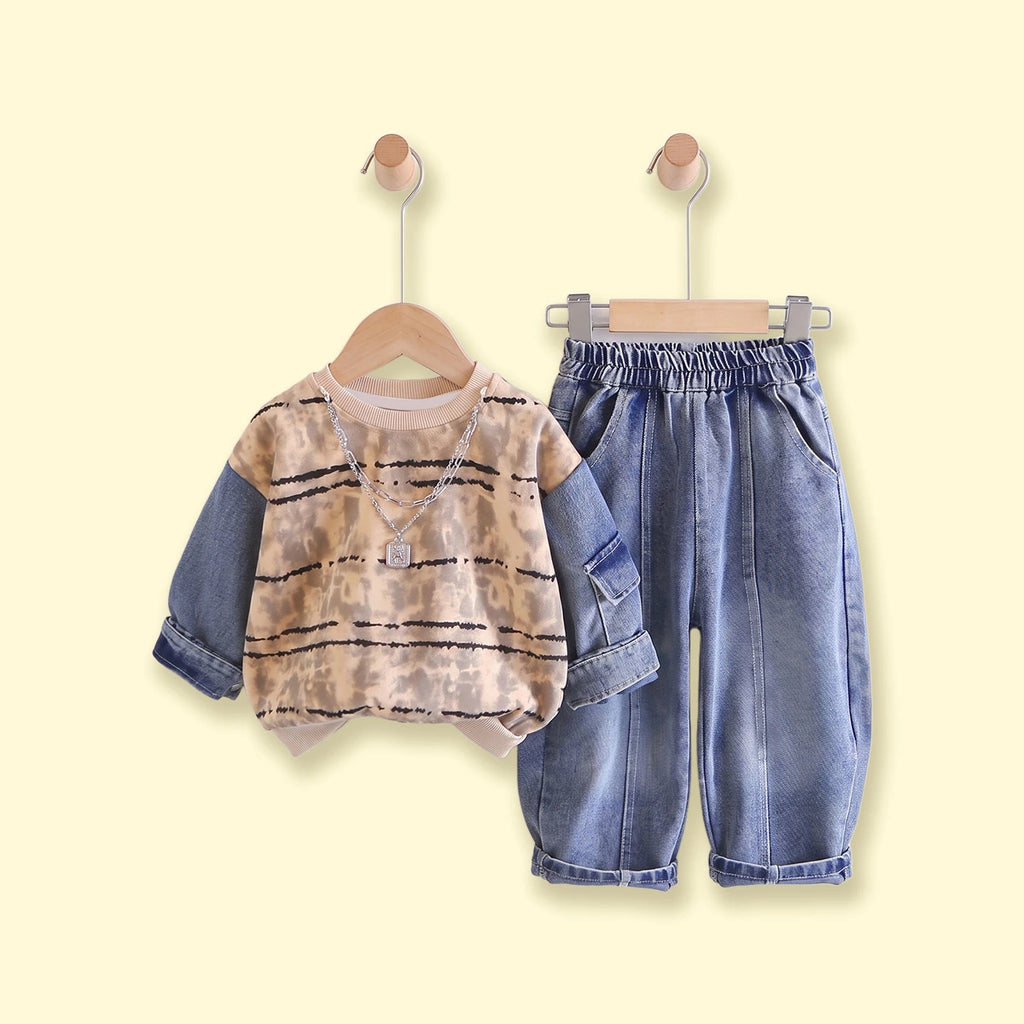 Boys Khaki Striped Sweatshirt With Denim Pants Sets 2 pc. Sets Khaki 1-2 Y