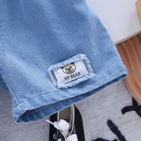 Boys Brown Teddy Patch Short Sleeves T-Shirt With Denim Shorts set 2 pc. Sets