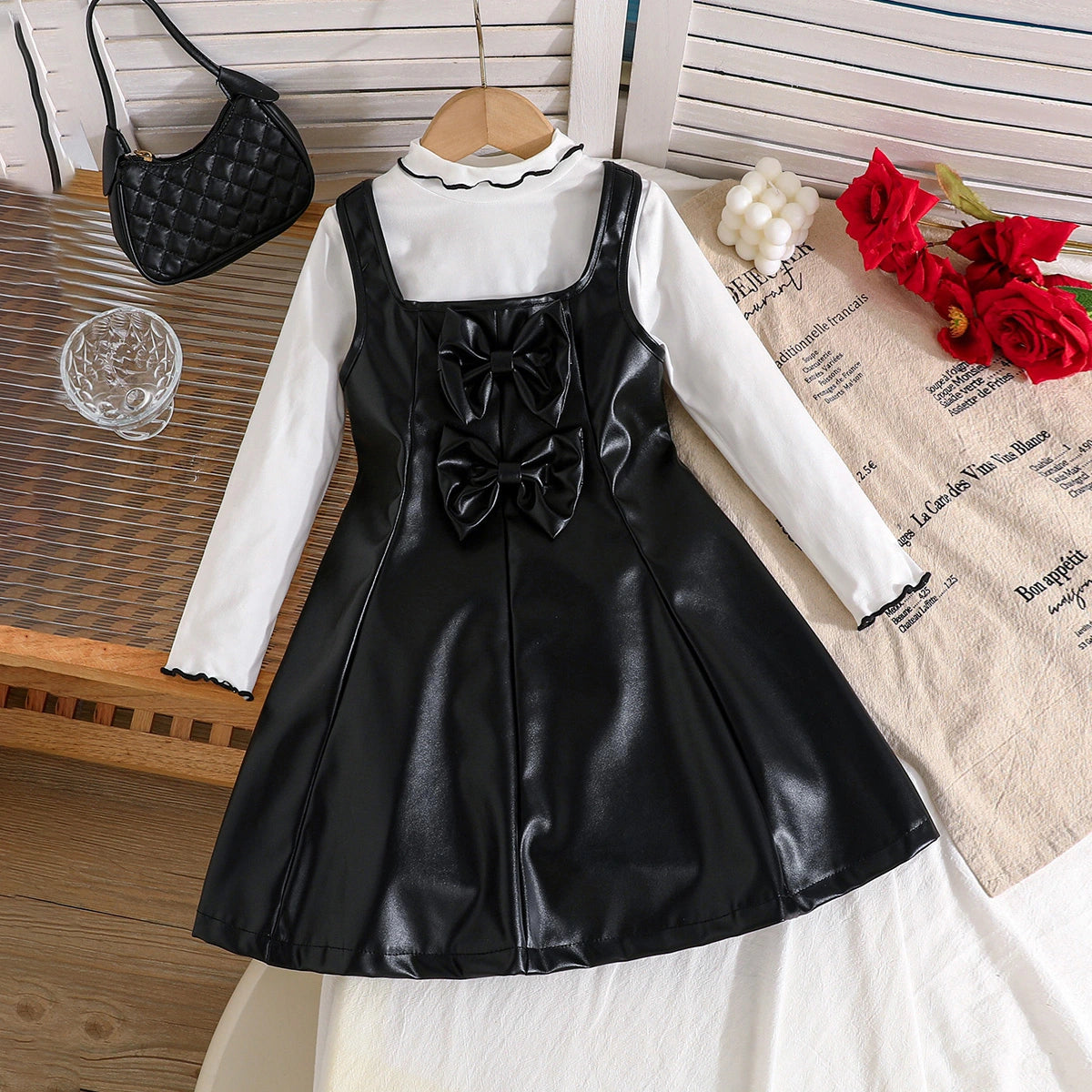 Girls Black Faux Leather Pinafore Dress With Long Sleeves Top Casual Dresses