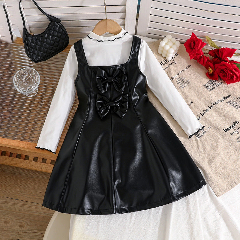 Girls Black Faux Leather Pinafore Dress With Long Sleeves Top Casual Dresses